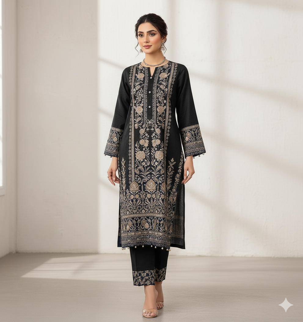 Embroidered Two-Piece Suit, Navy Blue Kurta