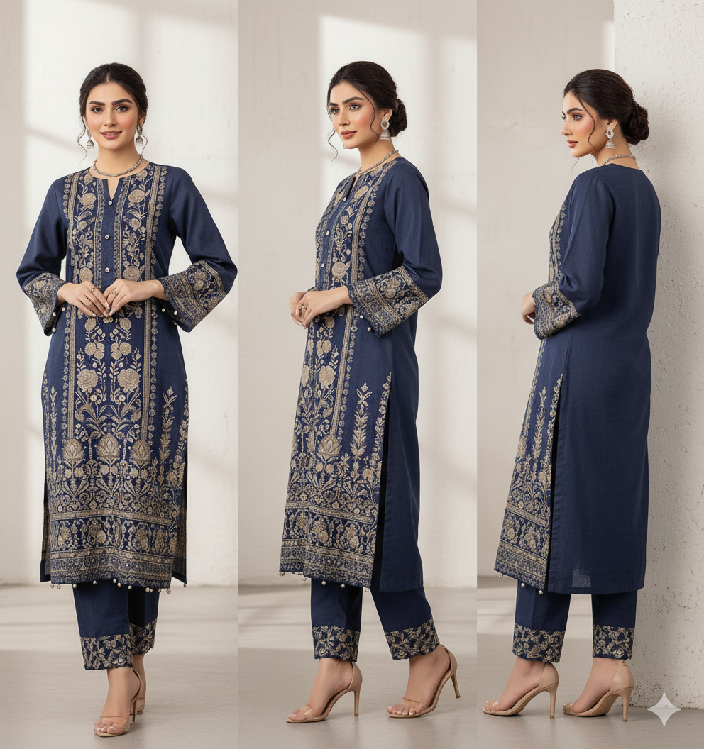 Embroidered Two-Piece Suit, Navy Blue Kurta