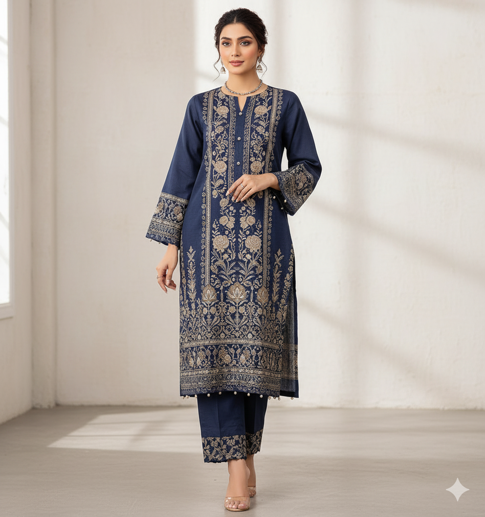Embroidered Two-Piece Suit, Navy Blue Kurta